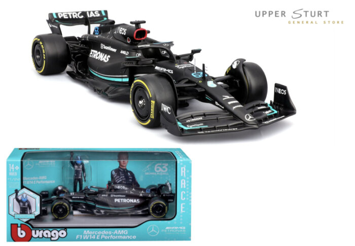 Bburago F1 with Driver 1:24 2023 Mercedes AMG W14 with Russell Driver Figurine #63 in WB EXPERT PACKAGING